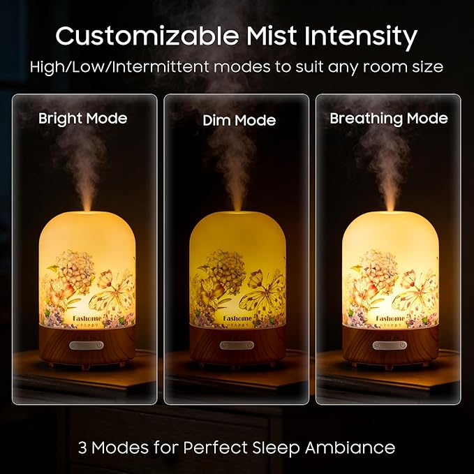Essential Oil Diffuser Hand Blown Glass, 100ml Small Aromatherapy Diffuser, Auto Shut-Off Function, Ultrasonic Diffusers for Essential Oils, Cool Mist Humidifier with Warm White Lights