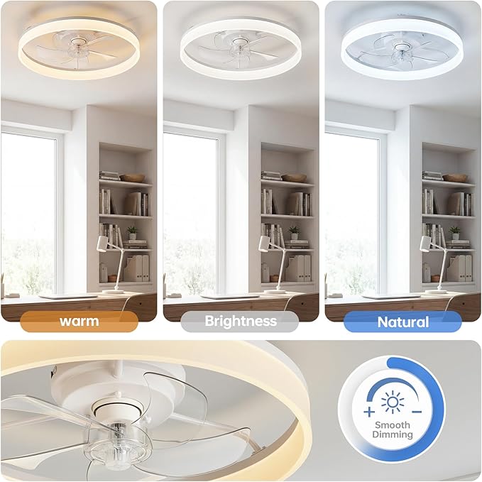 20'' Ceiling Fan with Light,Low Profile Flush Ceiling Fan, 6 Speeds, Dimmable LED, Remote Control, Quiet DC Motor, Bladeless Flush Mount Fixtures for Bedroom, Living Room,DM104-B White