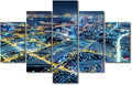 Wall Art for Living Room Modern Cityscape Poster 5 Panel Canvas Art Network Connection Concept Picture Internet Companies Wall Art Internet Workers Home Decoration Stretched Ready to Hang 60x40 Inch