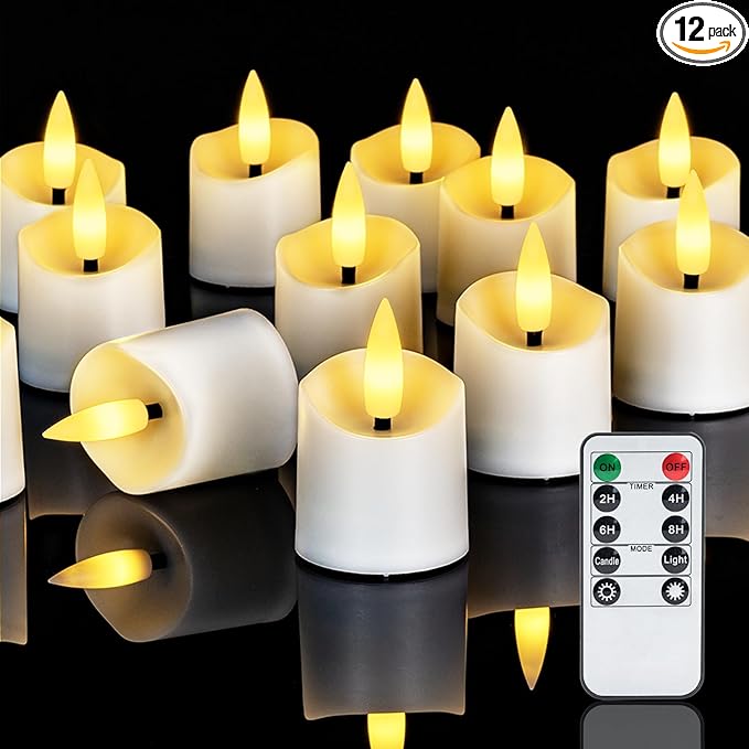 Homemory 12Pack 400+ Hour Remote Control Candles, 2/4/6/8H Timer LED Votive Candles, Battery Operated Tea Lights in Warm White for Outdoor, Table, Wedding, Christmas (White, Batteries Included)