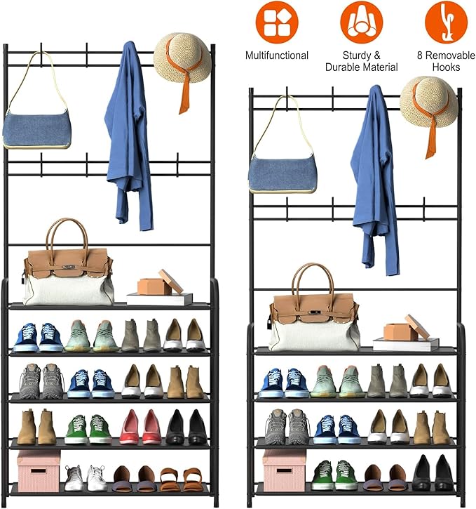 iMounTEK Coat Hat Rack Shoe Storage Shelf 5 Tier Entryway Coat Hat Rack Shoe Rack Freestanding Hall Tree Garment Hanger Stand Clothes Shoe Organizer for Home,living room, office, bedroom