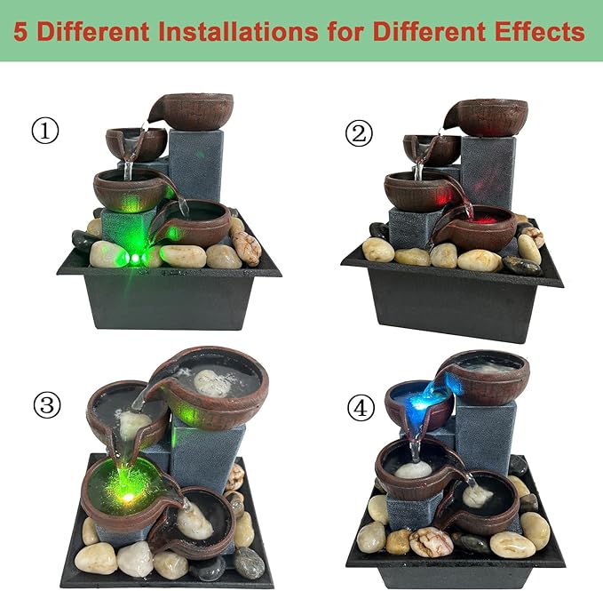 Small Tabletop Waterfall Fountain Zen Meditation Fountain Indoor Desktop Water Fountain with LED Light and Natural River Rocks for Office Home Bedroom