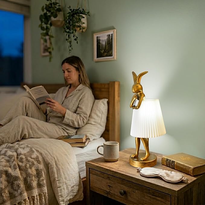 Cordless Rabbit Table Lamp Rechargeable LED 5000mAh, 15.7” Cute Decorative Night Light with Linen Shade & Gold-Tone Bunny Design, Portable Touch Dimmable Bedside Lamp for Bedroom, Home Decor (White)