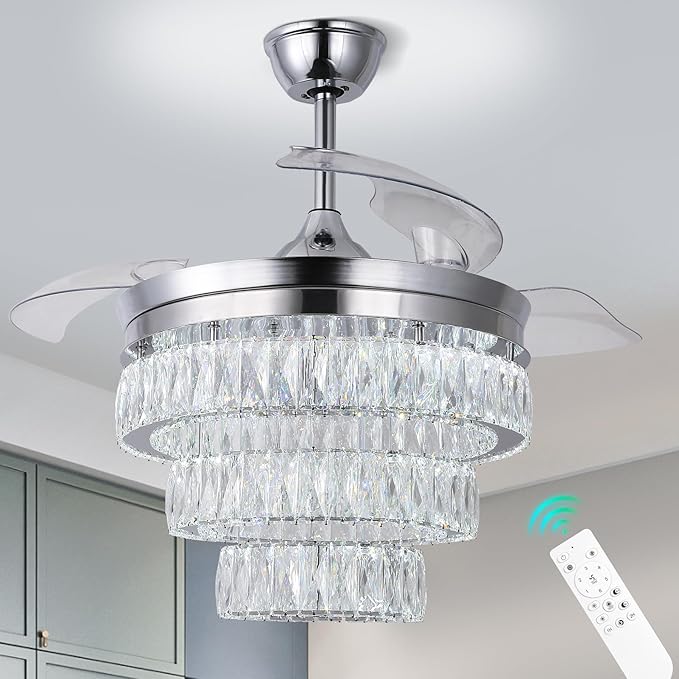 Finktonglan 42'' Fandelier Ceiling Fan with Light, LED Crystal Chandelier Ceiling Fan with Remote Retractable Chandeliers Fan for Bedroom Living Room, Timing 6 Speed Reversible, Chrome