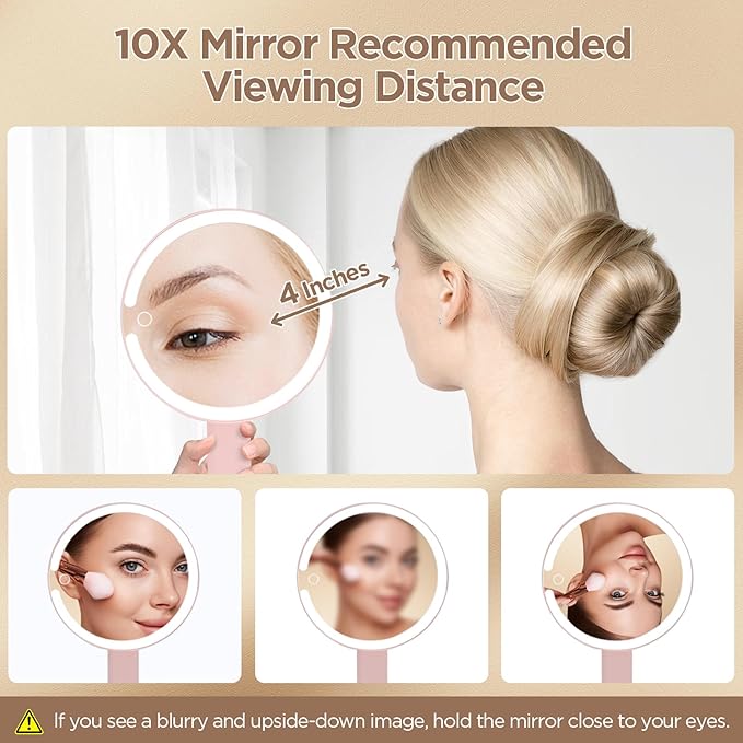 Makeup Mirror with Lights - 360° Rotation, 3 Color Modes (Dimmable), 1X/10X Magnifying Double-Sided Mirror, Rechargeable & Portable Vanity Mirror with Touch Control for Tabletop, Home, Travel Pink