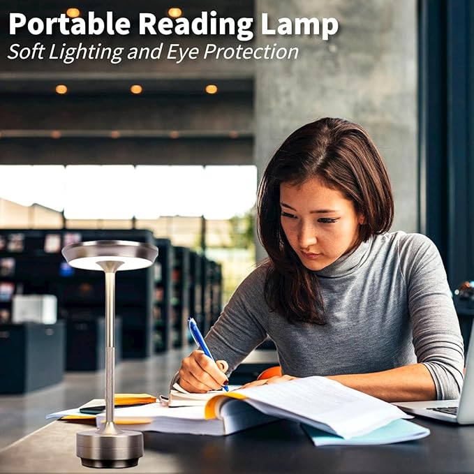 Cordless LED Table Lamp, Rechargeable Touch Control Desk Lamp Battery Operated Nightstand Night Light with Dimmable Brightness for Living Room, Home Office, Restaurant (Silver)