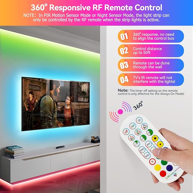 HOUHUI 9.8Ft RGB LED Strip Lights, Motion Sensor Under Bed Lights, Indoor Usage, USB Powered, 3 Modes, App Control, RF Remote, SMD5050, for Bedroom, Kitchen, Stairs