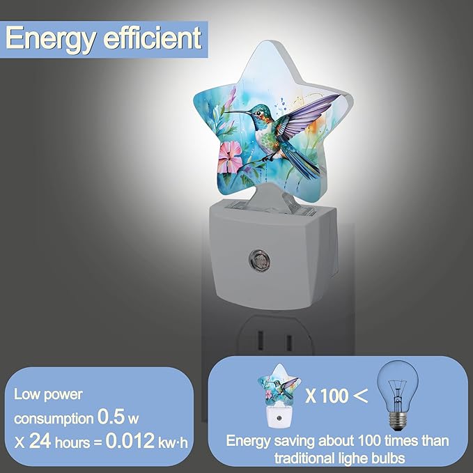 Watercolor Bird Dusk to Dawn Star Night Light,Hummingbird Flower Smart Sensor Nightlight for Bedroom Kitchen Hallway Stairs,Plug-in Energy Efficient Decor Desk Lamp Women Men Gifts
