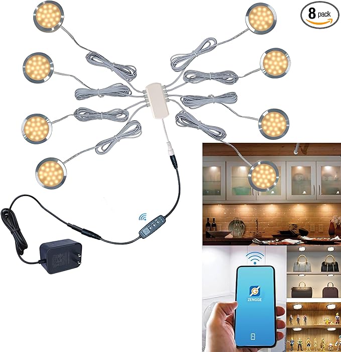 Smart LED Puck Lights with APP Control, Dimmable Cabinet Lighting with Bluetooth, Music Sync and Timer Function, Under Cabinet Lights, DC 12V Adaptor (Warm White, APP 8Pack)