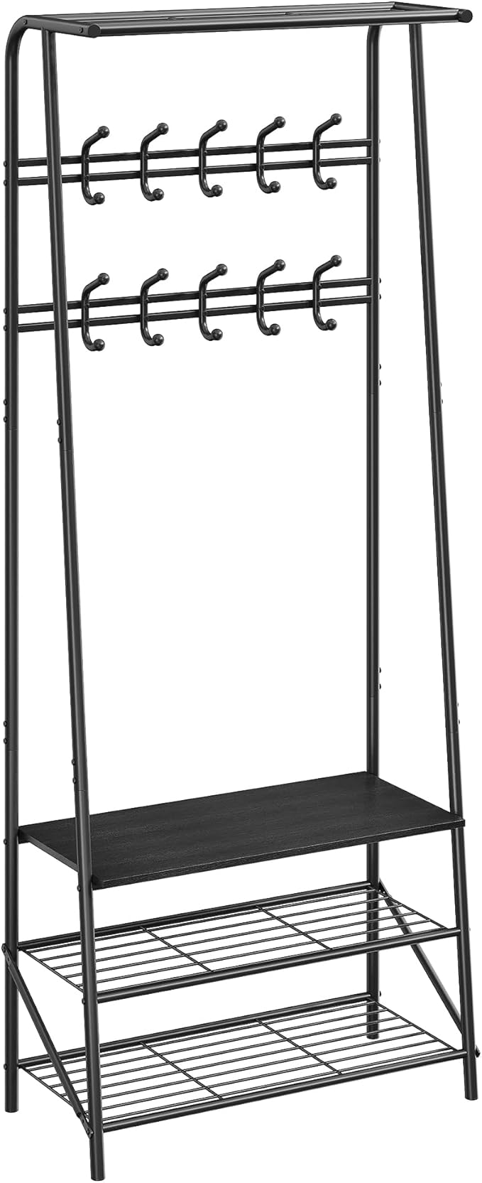 Jojoka 25" Coat Rack, Hall Tree with Shoe Bench and Storage, 4-Tier Shelf with 5 Hooks, Freestanding Metal Entryway Organizer for Hallway, Accent Furniture for Bathroom