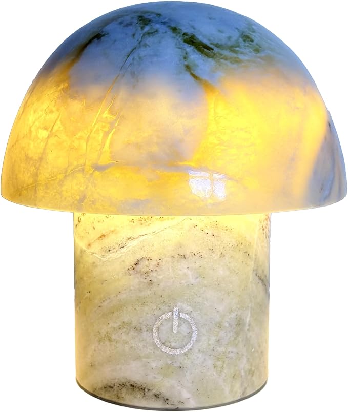 Natural Stone Mushroom Lamp, Marble LED Rechargeable Night Light with Touch Dimming, 3-Level Brightness Small Table Lamp for Bedside Ambient Home Decor, Hand-Polished Stone Decor Light