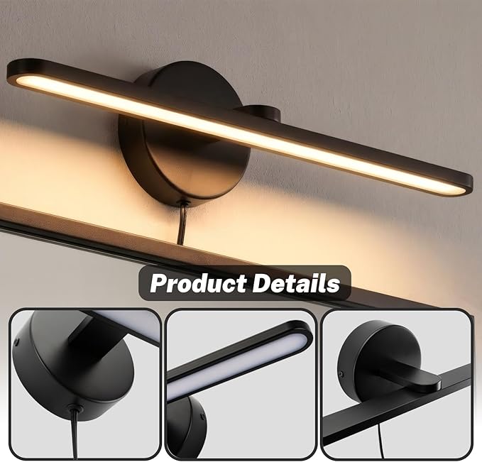 OSYNNIQ Bathroom Vanity Light, Modern Wall Picture Art Lighting Fixture Over Mirror 12W 3000K Warm LED Light Bar 15″ Black Waterproof IP44 Wall Sconce for Makeup Shaving
