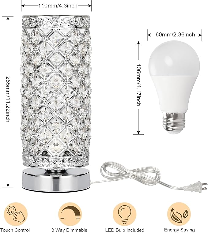 Seaside village Crystal Table Lamp Touch Control Dimmable Accent Desk Lamp Bedside Modern Table Light with Silver Lamp Shade Night Light Fixture for Living Room Bedroom Kitchen