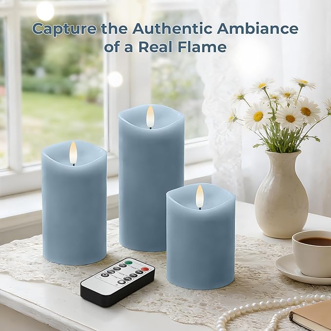 Blue Flameless Candles with Remote and Timer, Real Wax Made LED Pillar Candles Battery Operated with 3D Flickering Flame Melted Edge, 3" x 4",5",6", Set of 3 (Pastel Blue)