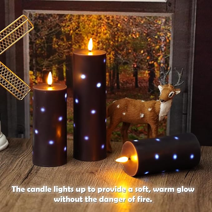 Flickering Flameless Candles,Battery Operated Real Wax LED Pillar Candles with Remote Control and Timer,with Embedded Star String,Set of 9 (Black)