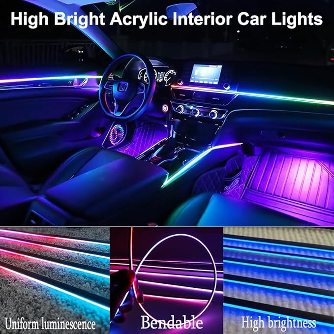 Acrylic Interior Car LED Lights with Remote and Wireless APP, Ambient Lighting Kits Fiber Optic Strip LEDs,16 Million Colors Music&DIY Function (8 in 1)