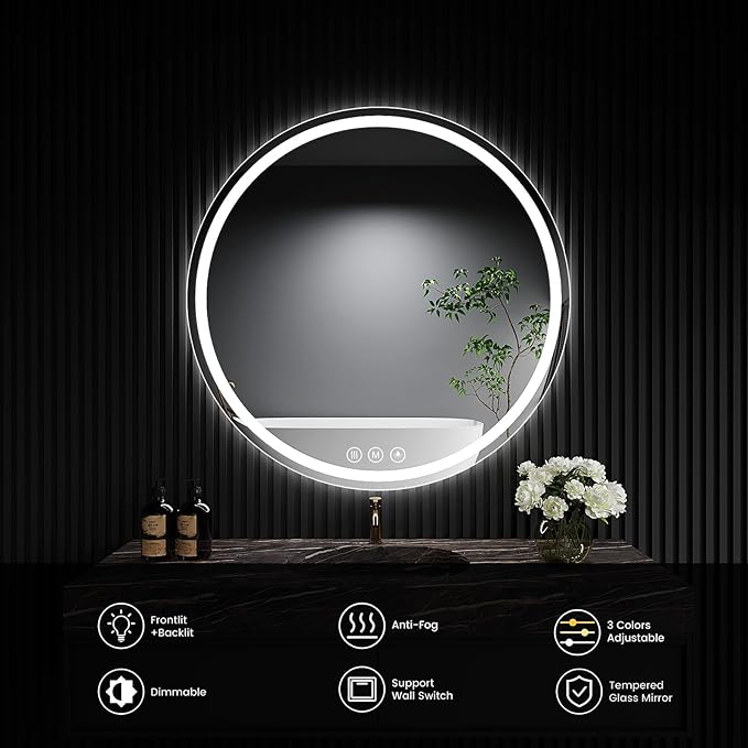 LED Bathroom Mirror 26 Inch Round Bathroom Mirror with Lights, Circle Wall Mirror with 3 Colors Brightness, Anti-Fog for Bathroom Vanity, Entryway Living Room