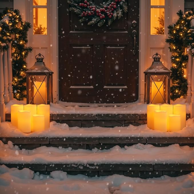 Raycare Outdoor Waterproof Flameless Candles-Auto Light Sensor Dusk to Dawn, Flickering LED Candle, Battery Operated Electric Fake Pillar Candle for Garden, Porch, Patio Decor, (D3 xH4 5" 6" 6" 6")