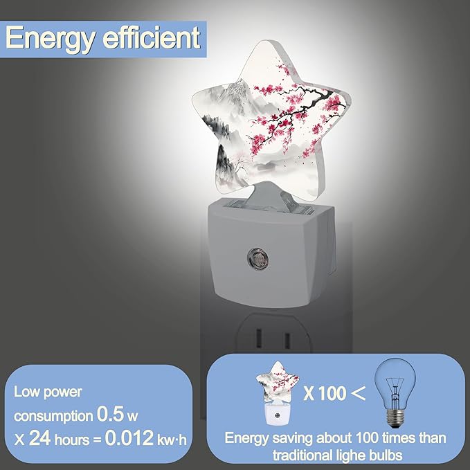 Cherry Blossoms Nightlight,Japanese Mountains Star Night Lights Plug into Wall Decorations for Bedroom Bathroom,Dusk to Dawn Sensor Kitchen Hallway Stairs Energy Efficient Desk Lamp