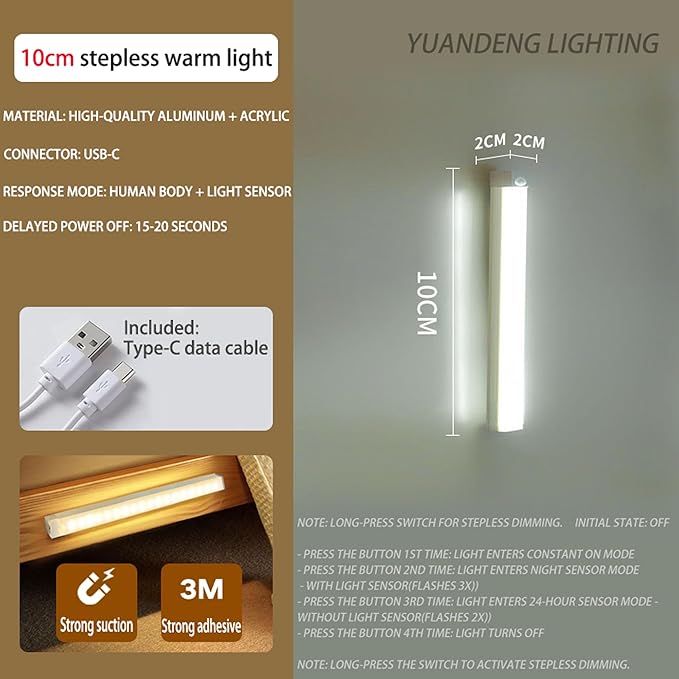 4 PCS 11.8in Punch-Free Smart Sensor Magnetic Rechargeable Led Lights, Motion Sensor Light Indoor, USB C Rechargeable Closet Under Counter Lighting for Kitchen Cupboard Wardrobe