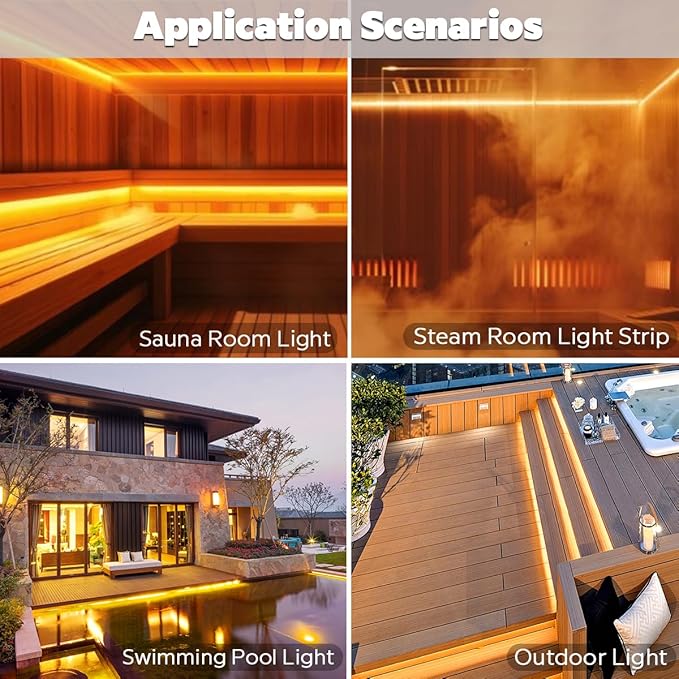 SuperlightingLED DC24V Warm Amber Gold Sauna LED Tape Light 2000K, 5m 16.4ft Long Dense 600 LEDs Flexible Customizable High-Heat Resistant LED Strip Lights IP68 Submersible (Amber Gold)