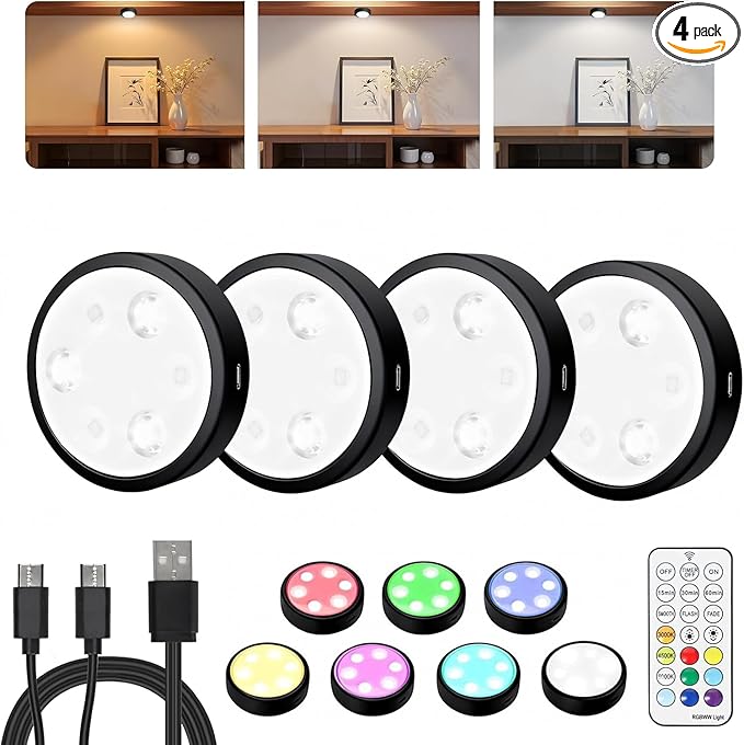HOLKPOILOT Puck Lights with Remote, 2000mAh Battery Operated Rechargeable Under Cabinet Lighting, 3 Color Temps & 7 RGB Colors, Magnetic Closet Light, Black Wireless Puck Light for Kitchen, Shelf.