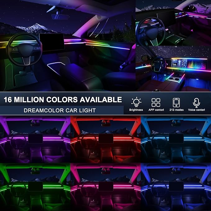 Dreamcolor Acrylic Interior Car LED Strip Light with Wireless APP, RGB 18 in 1 with 175 inches 600 LEDs Fiber Optic Car Ambient Lighting Kits, Dual Zone Sound Active Function LED Strip for Car