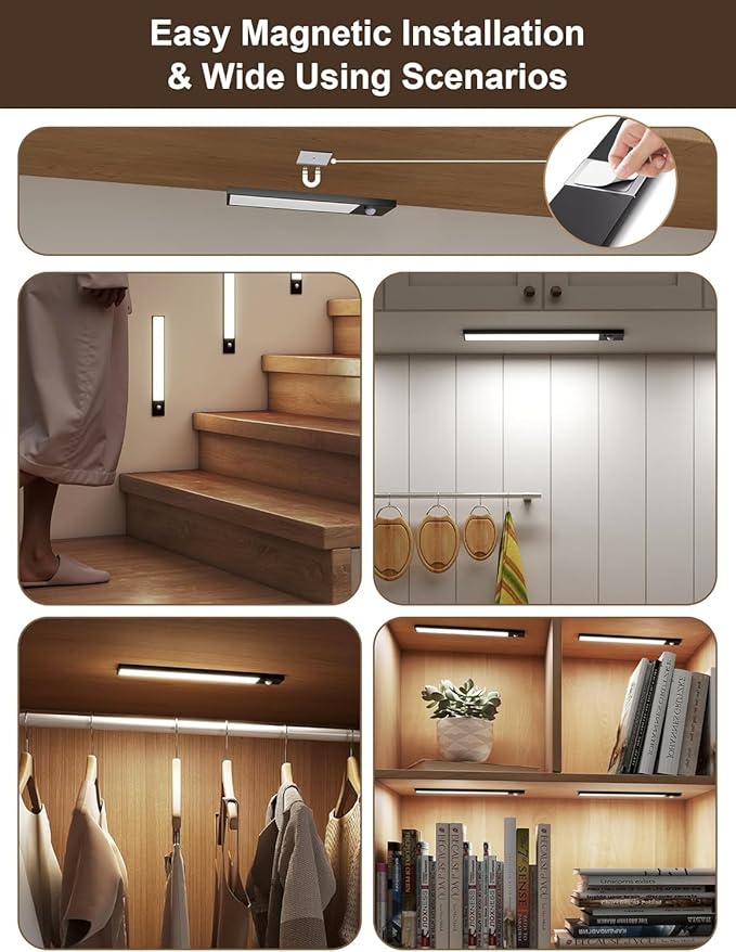 8inch Under Cabinet Lighting ,56 LED -3 Color& 7 Levels under cabinet lights rechargeable,3000mah Dimmable Magnetic Cabinet Lights, Motion Activated Under Cabinet Light for kitchen丨Remote 丨2pack