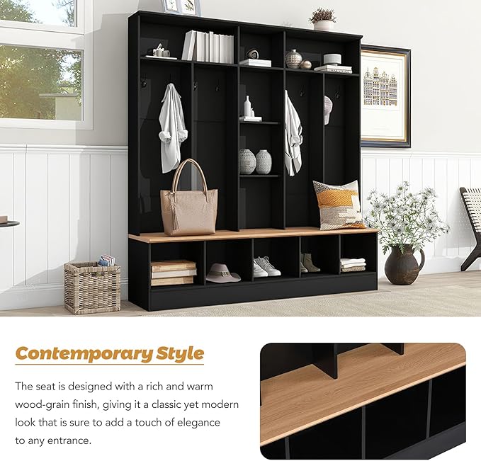 4 in 1 Hall Tree with Shoe Bench, Wood Entryway Storage Bench with Cube Storage & Shelves Multifunctional Coat Rack with 8 Hooks for Home Office Bedroom Mudroom Living Room, Black