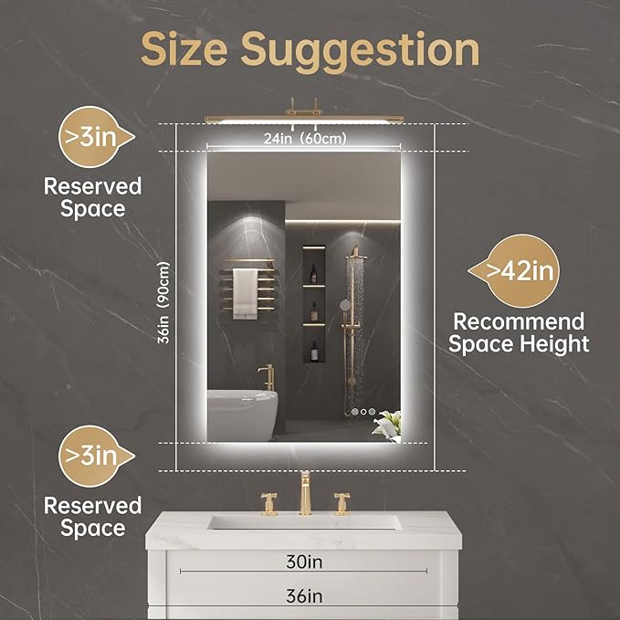LOVESPEJO 24"x36" Backlit Mirror Bathroom, LED Bathroom Mirror with Motion Sensor, Fogless, Dimmable, 3 Color Changing, Shatterproof, Horizontal/Vertical