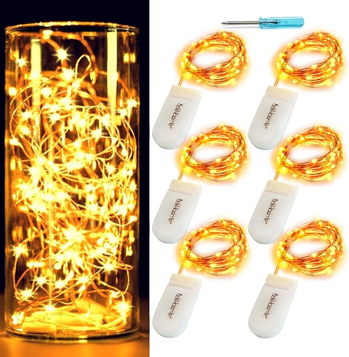 OakHaomie 6-Pack 7Ft Starry String Light No Remote Fairy String Lights 20 Micro Starry LEDs On Copper Wire CR2032 Batteries Included,DIY Wedding Centerpiece,Party,Christmas Table Decor (Amber)