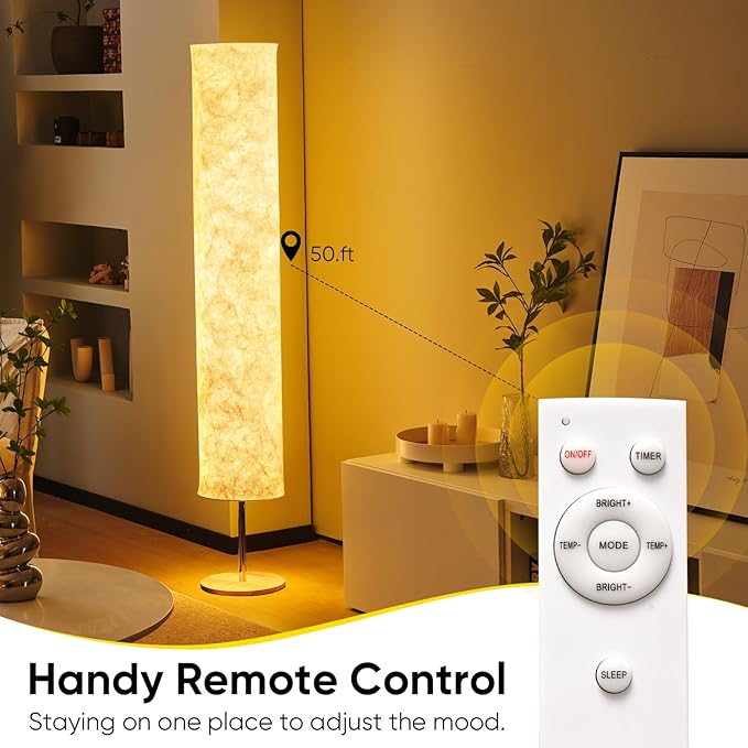 58" Soft Light Floor Lamp 3 Color Lighting Remote Control LED lamp with Tyvek Fabric Shade Column Paper Floor lamp,Brightness Adjustable for Living Room Bedroom Game Room
