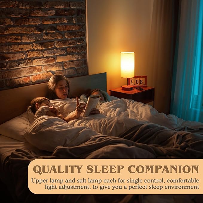 Bedside Table Lamp for Bedroom - 4 Way Dimmable Touch Lamp with USB and Type-C Charge Port, Small Wood Base Round Flaxen Fabric Shade Lamp Living Room,Bedroom Use(Yellow Color Base)