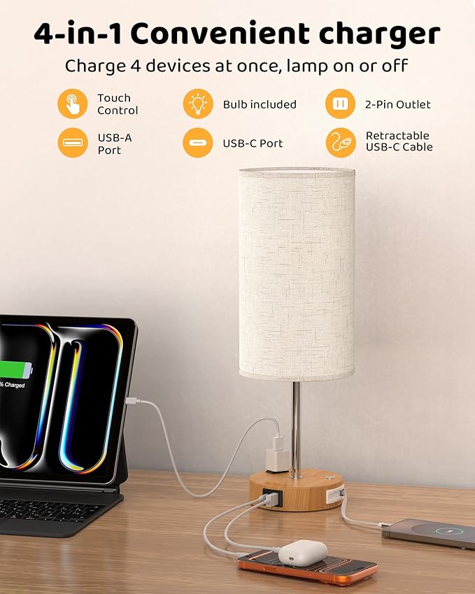 2026 Latest Bedside Table Lamp for Bedroom, 3 Way Dimmable Touch Lamp with Retractable Cable, USB-C & USB A Ports and AC Outlet, Phone Stand, Flaxen Fabric Shade for Nightstand Desk, LED Bulb Included
