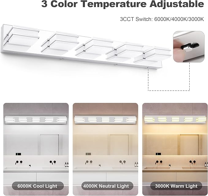 3 Color Temperature Dimmable Vanity Lighting Fixtures, LED Chrome 5 Light Bathroom Vanity Light, Acrylic Stainless Steel Square Shade Vanity Lights for Bathroom, ETL Certificated