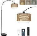 Arc Floor Lamp with Remote, Modern LED Floor Lamp with Dimmable Bulb, Boho Farmhouse Standing lamp with Fabric & Rattan Lampshades, Height Adjustable Black Tall Lamp for Living Room Bedroom