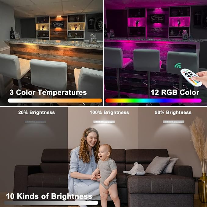 Under Cabinet Lighting Wireless Rechargeable Battery Operated LED Closet Lights Dimmable Under Counter Lights Bar with Remote, RGB Changing Perfect for Kitchen Bedroom Stairs, 6 Packs