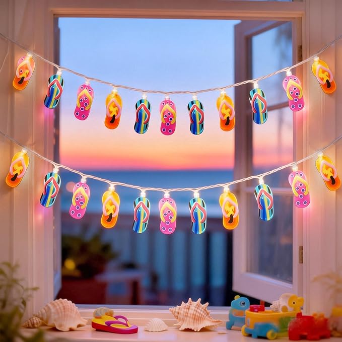 8.5Ft Summer Beach Themed Lights, 10L LED Flips Flops String Lights Plug in for Indoor and Outdoor Holiday Summer, Luau Aloha Hawaiian Tropical Party Décorations.