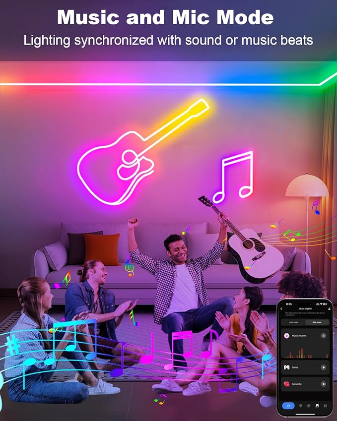 echosari Smart RGBIC LED Strip Lights, 33Ft Neon Rope Lights Work with Alexa and Google Assistant, Neon Strip Lights with Music Sync App/Remote Control, Multiple Modesfor Bedroom DIY Wall Decor