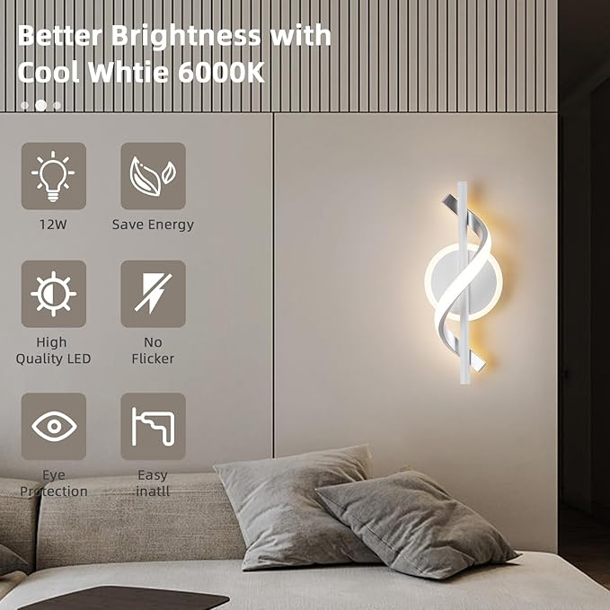 Modern Wall Sconces Sets of 2, 12W LED Wall Lights, Modern Spiral Wall Lamp, LED Wall Lamps, 3000K Warm White Light Fixture for Stairs Living Room Bedroom Aisle Hallway