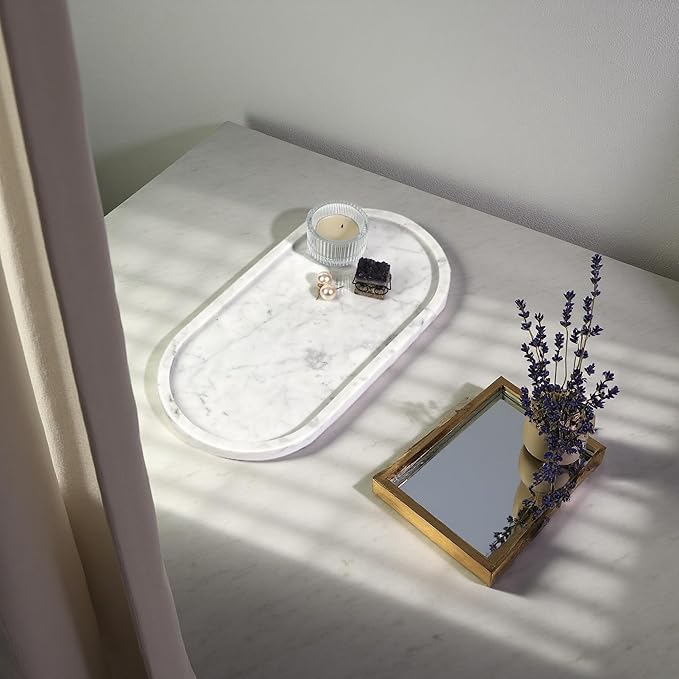 Marble Vanity Tray Organizer - 9.8"x5" Italy Natural Stone Decorative Tray，Jewelry, Perfume & Candle Display Tray，Bathroom Vanity, Dresser Top, Nightstand Decor