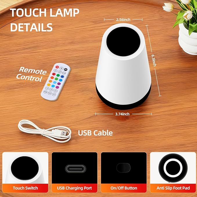 Night Light, Dimmable Touch Lamp and Remote Control, 13 RGB Colors & 5 Brightness, Rechargeable Bedside Table Lamp for Baby Kids Nursery Bedroom Bathroom Camping (Black)