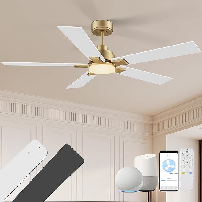 52 Inch Ceiling Fans with Lights,Smart Ceiling Fan with Light and Remote Control Alexa,APP,Modern Indoor Outdoor Ceiling Fans for Bedroom,Patio,Porch,in Black White and Gold,5 Blades,Dimmable,Quiet
