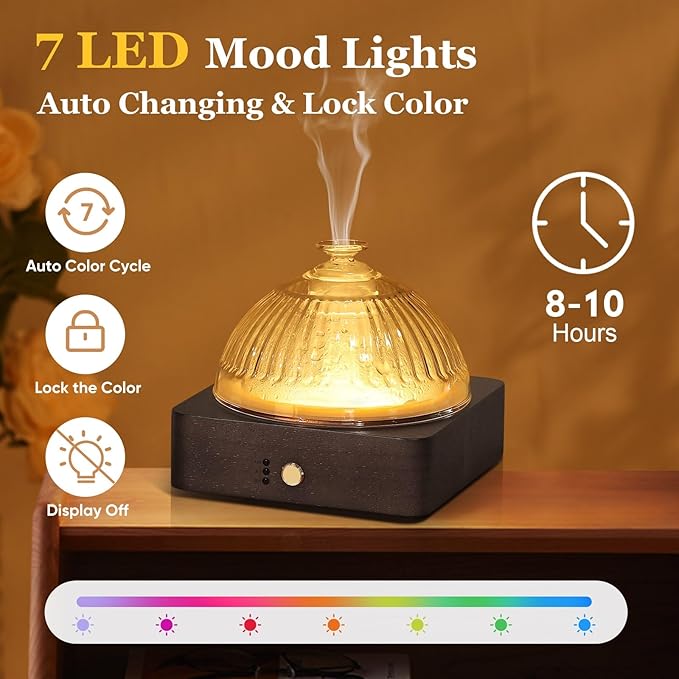 Glass Essential Oil Diffuser with Glass Reservoir & WoodBase, 200ml Ultrasonic Lock Color Timer Auto-Off 7 Color Light Aroma Glass Dome Diffuser for Home Office Bedroom Yoga - Dark Brown