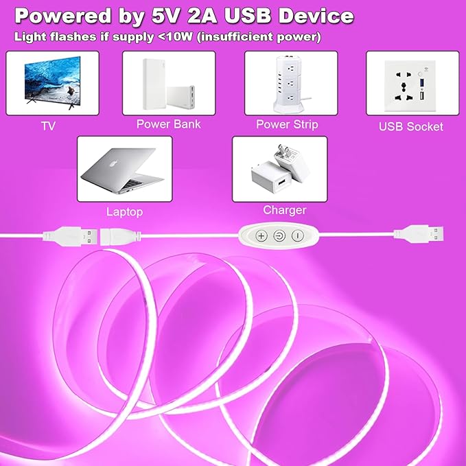 Pink LED Strip Lights USB 5V 4.9ft Small Dimmable COB Light Strip with USB Dimmer Switch for Bedroom/Gaming Setup/DIY Crafts/TV Backlighting/Indoor Ambiance Decor