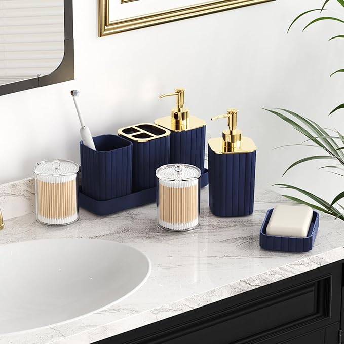 XLHOMO Bathroom Accessories Set - Gorgeous Bathroom Set, 10PC Navy Blue Bathroom Accessory Set, Toilet Brush, Trash Can, Qtip Holder & Soap Dispenser