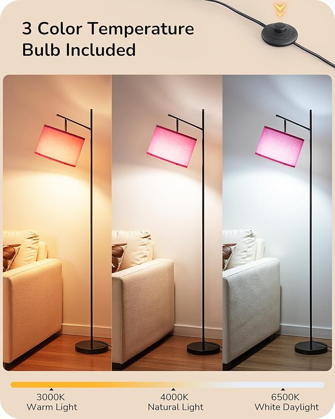 EDISHINE Modern Floor Lamps for Living Room, 64.7" Minimalist Standing Lamp with 3 Color Temperatures Bulb & Adjustable Linen Shade, Foot Pedal Switch, Arc Tall Lamp for Office Bedroom, Pink Shade