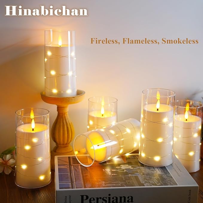 Flickering Flameless Candles with Remote Timer, 6pcs LED Battery Operated Candles with Embedded String Lights White, D3 H6