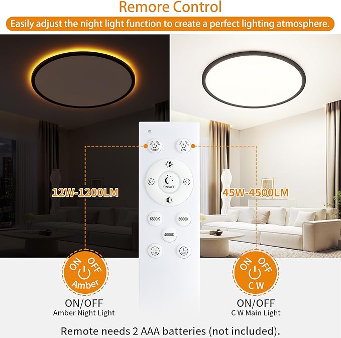 Flush Mount Ceiling Light with Night Light, 19in LED Ceiling Lights with Remote Control, 1800K Nightlights & 3000-6500K Dimmable Lamp Fixture, 45W 4500LM Low Profile for Bedroom, Black