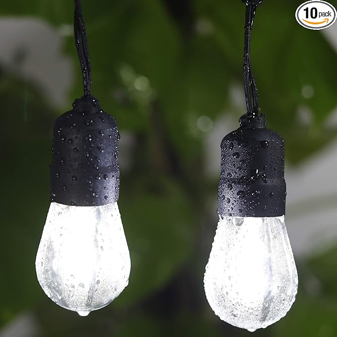 30ft Cool White LED Outdoor String Lights, Waterproof Festoon Light, 10 x Hanging Sockets with Shatterproof Light Bulbs for Backyard Garden Patio Pergola Gazebo Bistro Christmas Tree Wedding Party